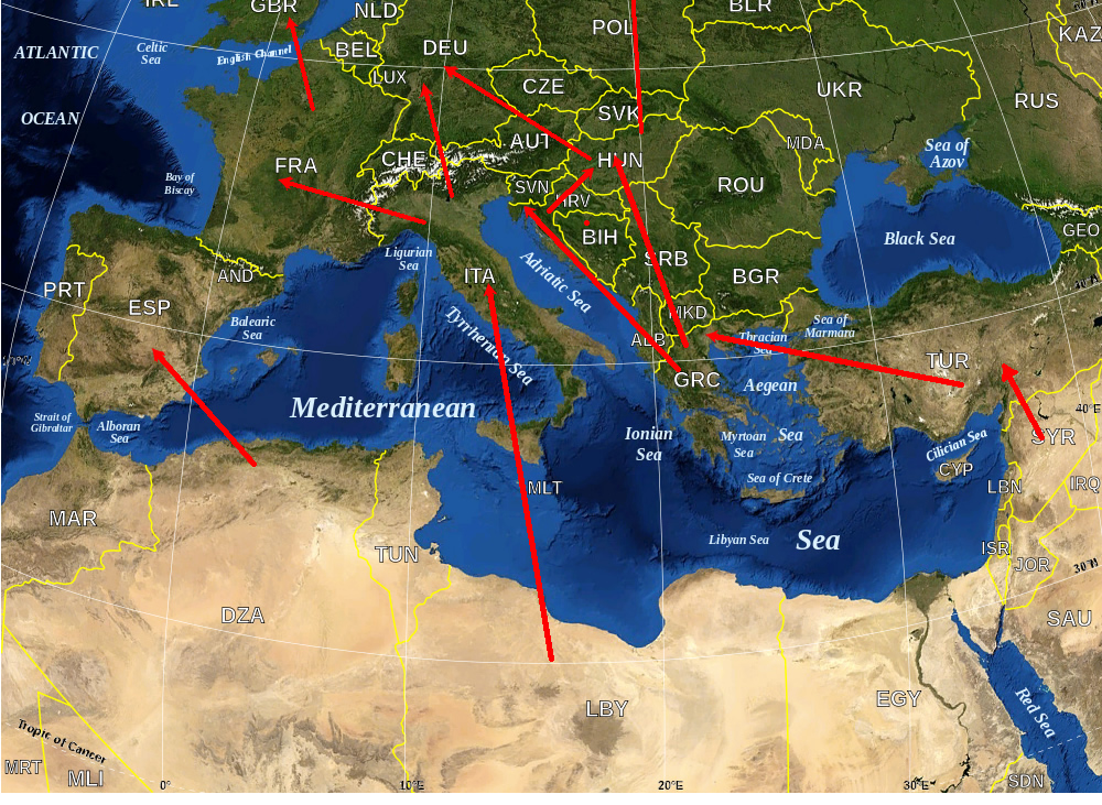 Refugee crisis into Europe migration map: main routes across the Mediterranean Sea
